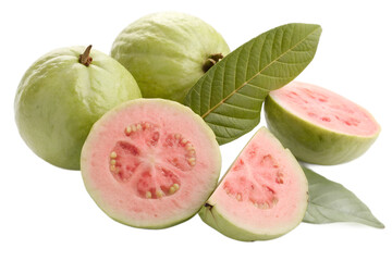 Fresh Guavas with Pink Flesh and Green Leaves