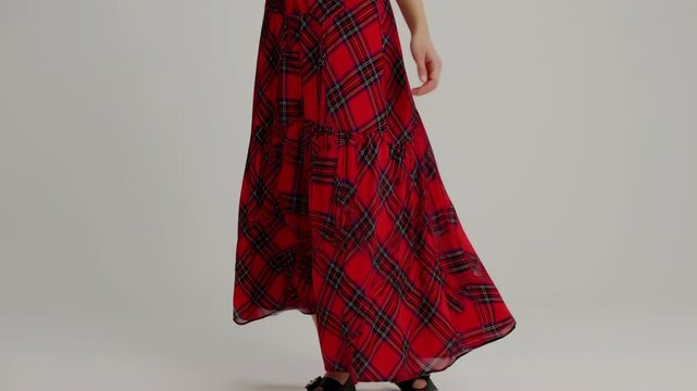Captivating red plaid maxi skirt fashion showcase for elegant style and design