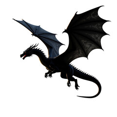 Silhouette of flying dragon above mountain peaks in fantasy scene isolated on transparent background PNG