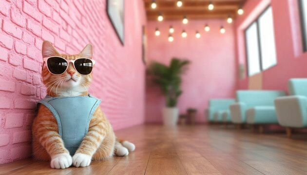 Stylish orange cat wearing sunglasses relaxes in a vibrant pink room with plants