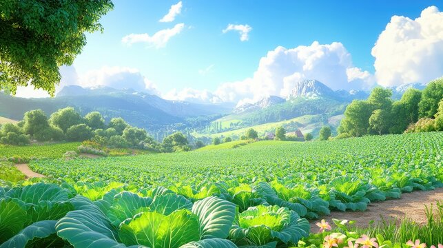 Organic cabbage fields glowing in natural light, lush green leaves and clear summer skies framing a thriving harvest scene