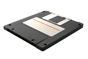 Close up shot of a 3.5 inch floppy disk on a solid black background
