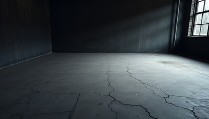 An empty, moody industrial room with cracked concrete floor and a window casting light inwards.