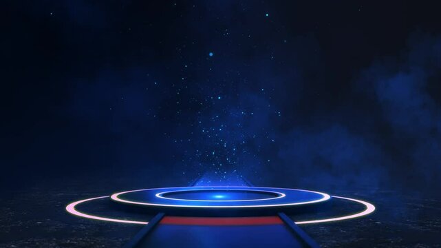 3D Blue circle stage, luxury digital tech podium stand Podium light hologram tech technology background. hologram effect of circle digital portals blue neon light futuristic podiums teleport platforms - Powered by Adobe