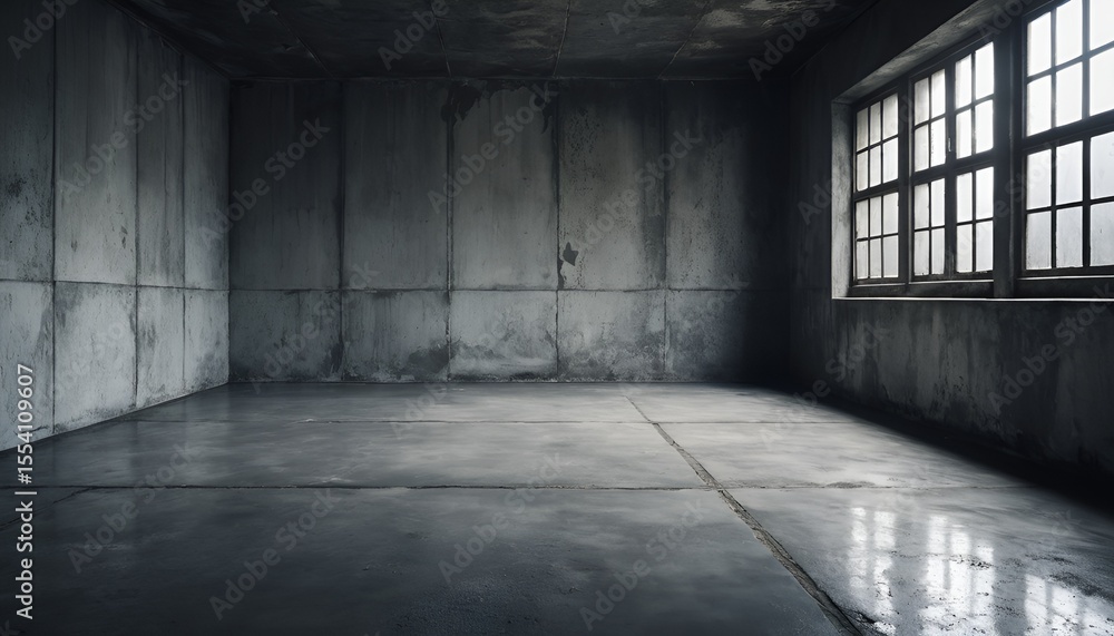 Poster a stark, empty room showcases light from a window reflecting on concrete floor, creating depth.