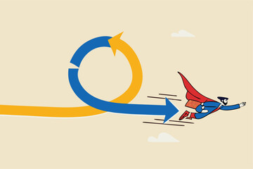 Agile methodology in project management or software development, sprint or dev cycle to release and improve product, scrum process or workflow concept, businessman superhero fly with agile cycle.