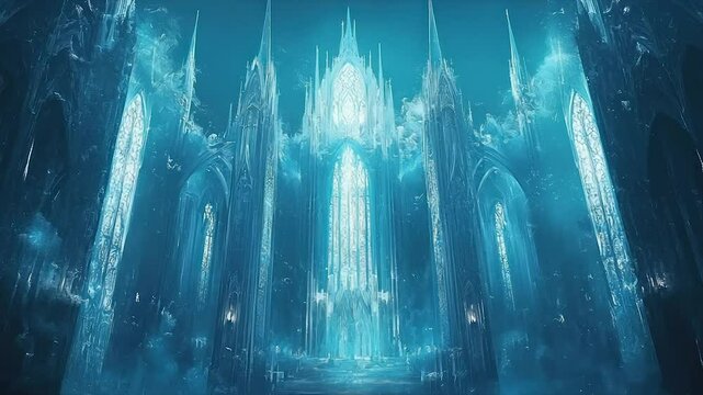 Glowing icy cathedral, gothic architecture, fantasy landscape