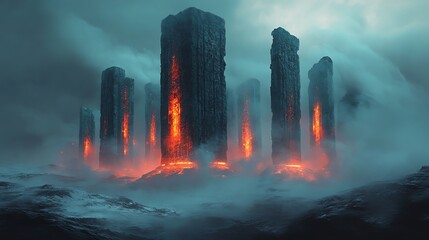 glowing carved stone monoliths rising from a misty plain