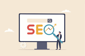 SEO Search Engine Optimization, website search result, advertising or marketing to boost web ranking or user discovery concept, businessman hold magnifying glass on SEO rising arrow search box.