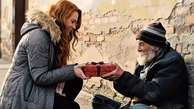 A heartwarming cinematic street scene showing a young woman offering a beautifully wrapped red gift to a homeless man sitting on the sidewalk against an old, weathered wall. The man, wearing layered c