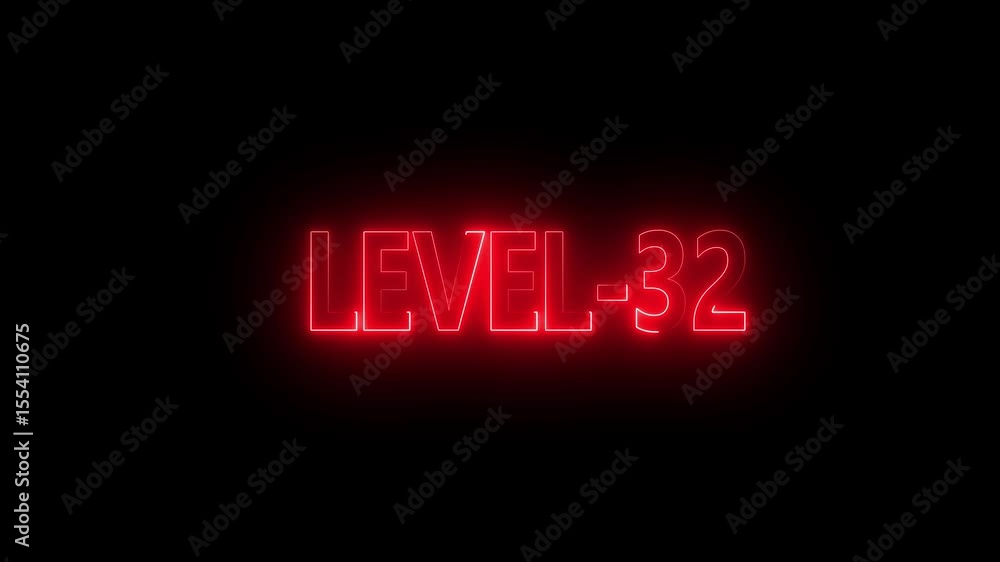 Poster glowing level-32 text with glitch effects animation. game concept next level icon isolated . black b