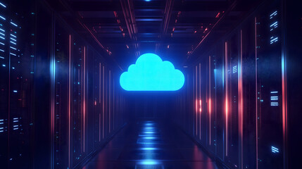 cloud icon glowing in blue, projected above rows of dark server racks