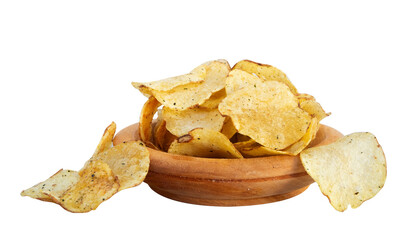 Pile of potato chips on wooden bowl isolated on white
