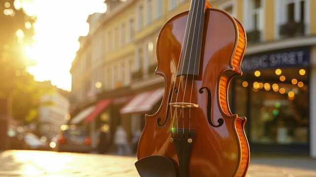 A close-up photograph of a wooden violin in warm golden sunlight.