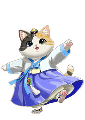 A cat dancing in a traditional Korean outfit called Hanbok.
