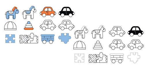 Playful collection of illustrated toy cars toy horses puzzle pieces building blocks and other toy icons on a white background
