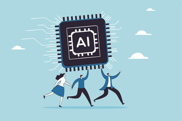 Embrace AI, Artificial Intelligence adoption, user or people who use AI to help and support work success, innovation or revolution to change business concept, business people carry AI processing chip.