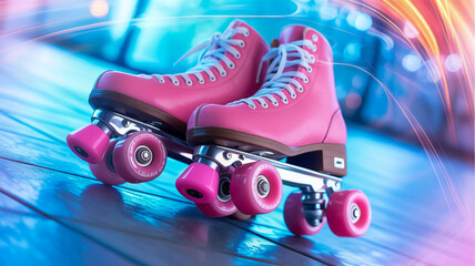 A close-up photograph of pink roller skates on a light blue surface with a bokeh effect background.