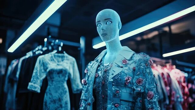 A bald, humanoid mannequin displays a floral-patterned jacket in a dimly lit boutique