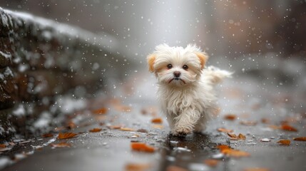 Small White Dog Playing with Children in a Fun and Joyful Setting