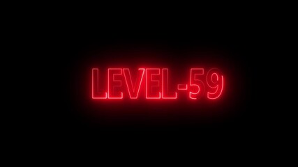 Glowing level-59 text with glitch effects animation. game concept next level icon isolated . Black background.