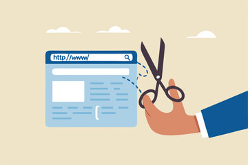 Shorten URL marketing short website address for easy online marketing campaign, hand holding scissor to cut website URL address bar.