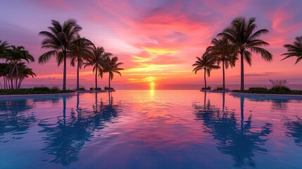 Sunset Reflected On Sea Water Beneath Silhouetted Palm Trees