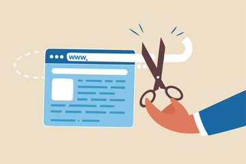 Shorten URL marketing short website address for easy online marketing campaign, hand holding scissor to cut website URL address bar.
