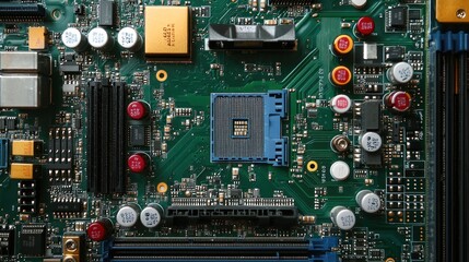 A close-up of a computer motherboard with various components and connectors.