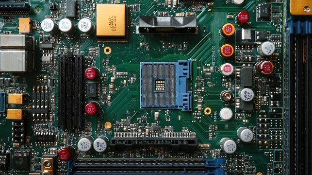 A close-up of a computer motherboard with various components and connectors.