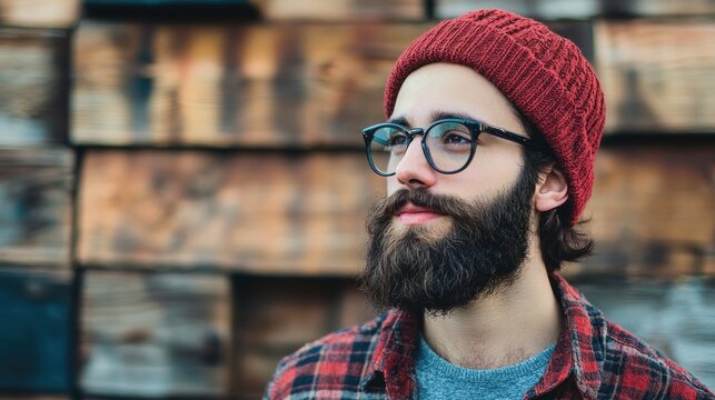 A man with a beard and glasses, wearing a red beanie, standing in front of a wooden background.