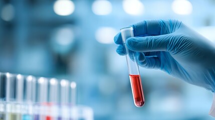 Doctor holding medical test tube with sample in laboratory, healthcare professional analyzing specimen for research or diagnosis, early disease detection and prevention concept.