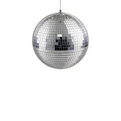 A silver disco ball hangs isolated on transparent background