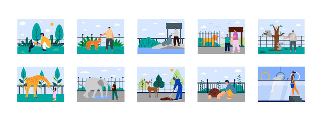 Zoo park illustrations set. Flat vector illustration concept.