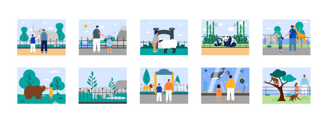 Zoo park illustrations set. Flat vector illustration concept.