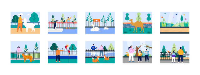 Zoo park illustrations set. Flat vector illustration concept.