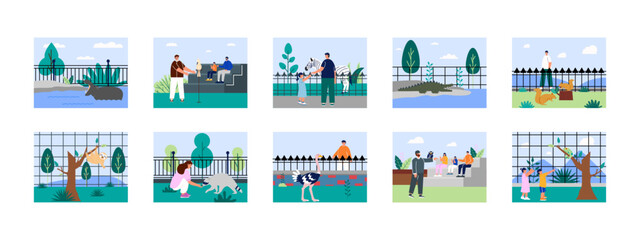 Zoo park illustrations set. Flat vector illustration concept.