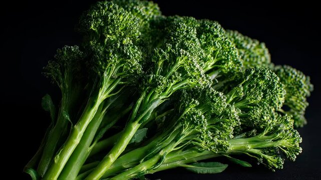 Fresh Organic Broccolini on Black Background, Healthy Eating and Cooking Concept