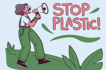 Fototapeta premium Eco activist with megaphone passionately shouting Stop Plastic in a flat illustration style, surrounded by minimal greenery and vibrant colors, promoting environmental awareness and sustainability