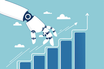 Rise of AI artificial intelligence, innovation technology to develop growth, success or progress, automation or AI for marketing and financial business concept, robot hand walk up growth graph.