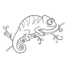 A detailed black-and-white line drawing of a chameleon perched on a leafy branch, its curled tail and prominent round eyes emphasized.