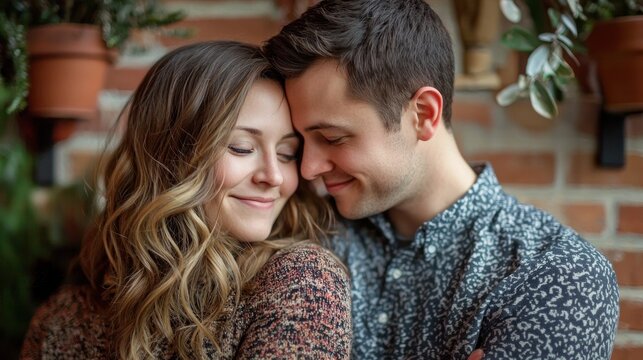 A couple embracing in a cozy indoor setting with potted plants and a brick wall in the background.