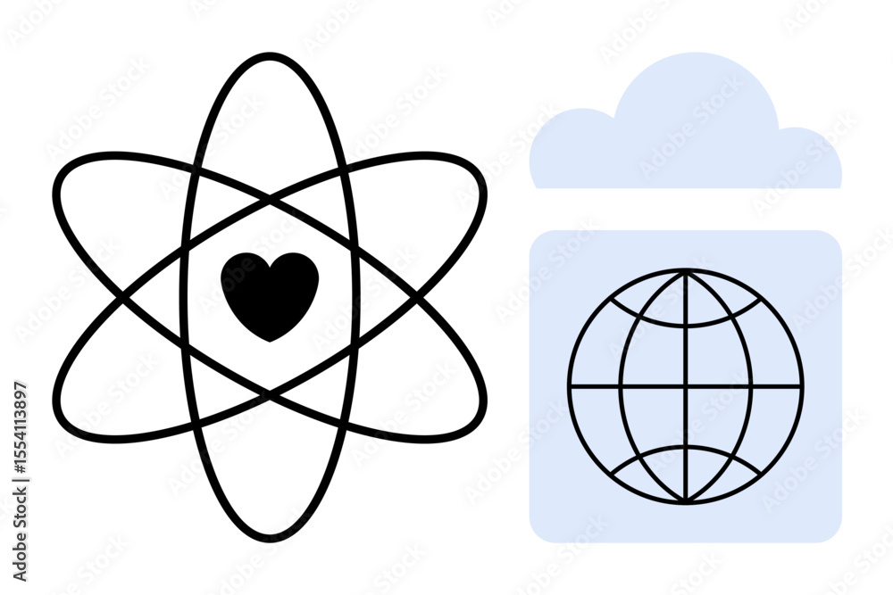 Poster atom model with heart in the center for science and connection, next to cloud storage containing a g