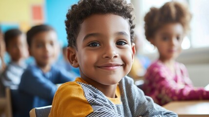 A young boy with curly hair smiling in a classroom setting.