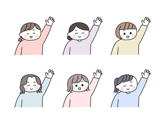 ゆるかわいい手描き風の女性／挙手・手をあげるポーズ