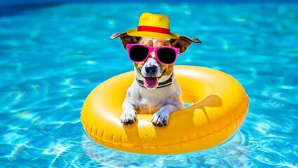 Dog Days of Summer Jack Russell in Pool with Sunglasses and Hat