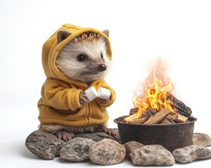 A hedgehog in a yellow hoodie roasting marshmallows by a campfire