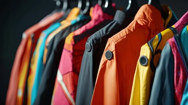 Colorful jackets hanging on a rack, showcasing diverse designs and vibrant hues