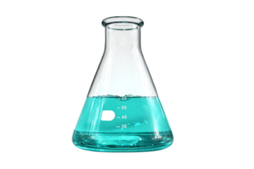 A classic Erlenmeyer flask filled with a vibrant teal liquid.