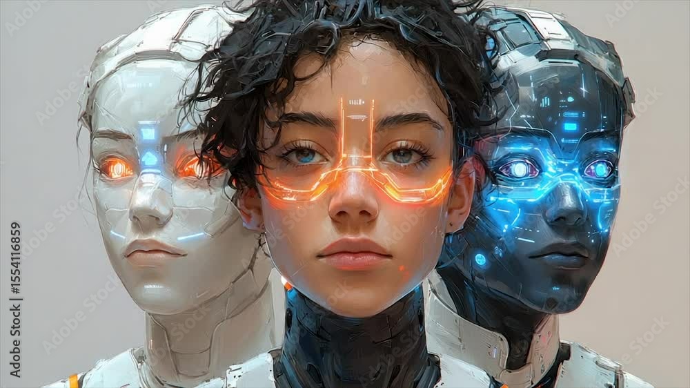 Poster a human flanked by robotic duplicates, showcasing contrasting aesthetics and technological integrati